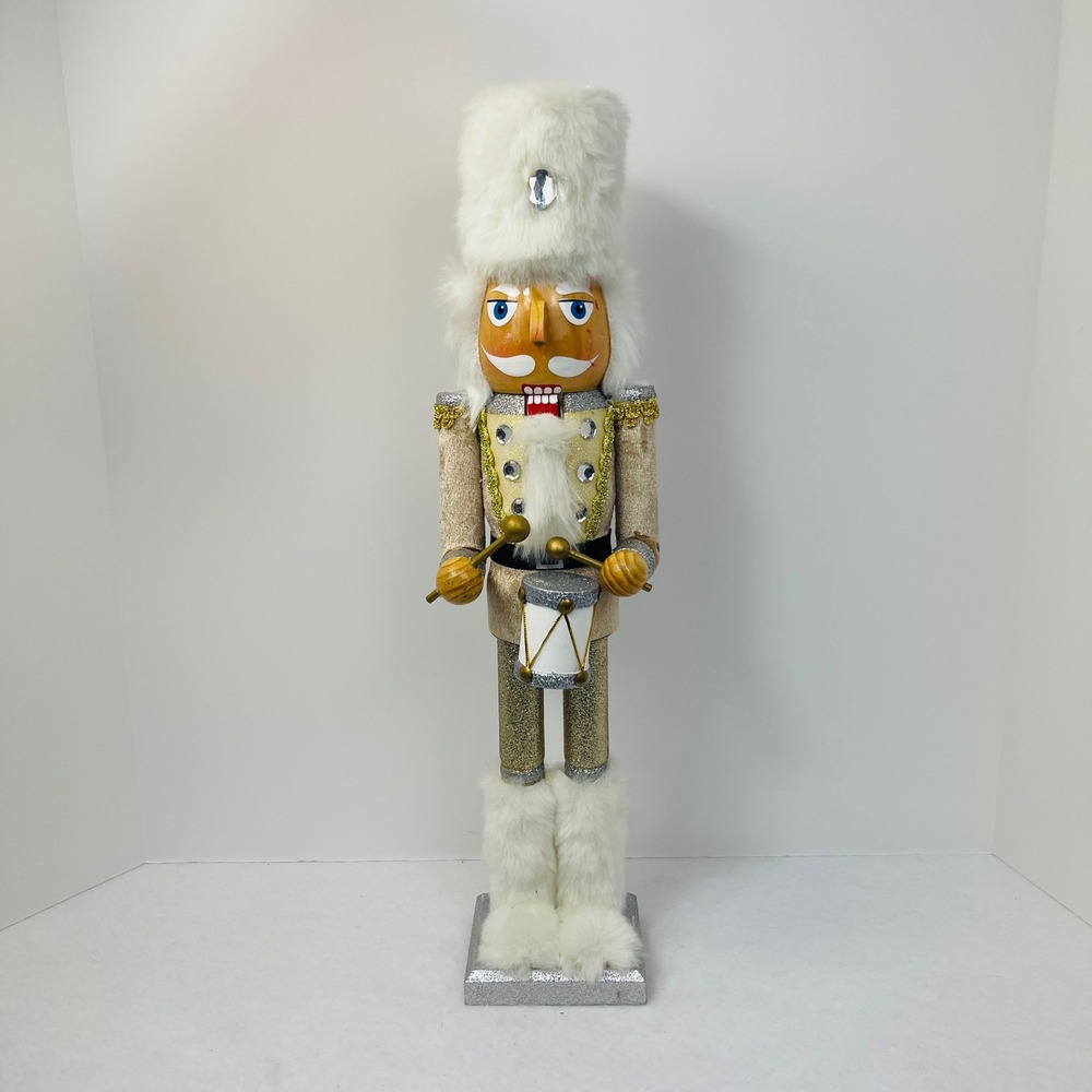 Wooden Drummer Nutcracker 20 Inch Champagne Gold White Faux Fur Christmas Decor